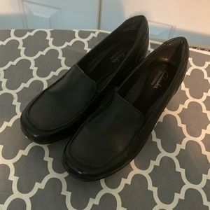 Clarks black leather wedge style loafer, size 7